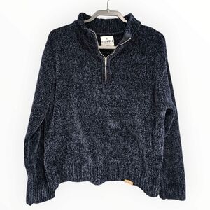 YOUNGLA Women Navy Blue Chenille Pullover Quarter Zip Sweater L
